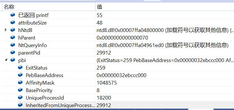 调试器显示内核进程信息,父进程PID字段为29912