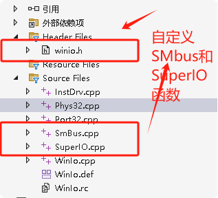WinIo项目结构，突出显示自定义的SmBus.cpp和SuperIO.cpp文件
