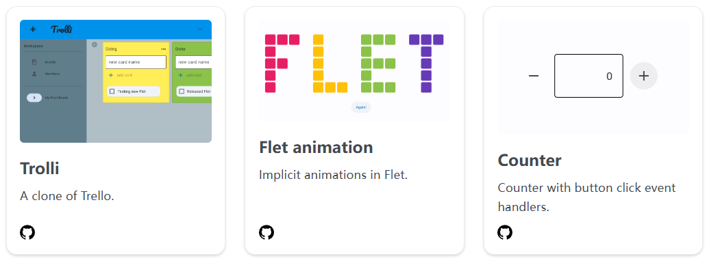 Trello克隆应用、Flet动画示例和计数器组件