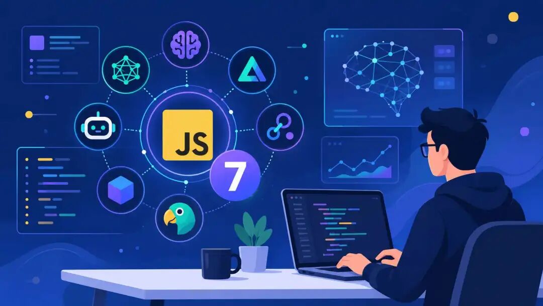 程序员在深夜对着AI、JS等图标敲代码，正是现代AI开发的缩影