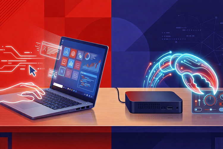 一幅展示AI Agent与人类电脑协同工作的科技插画