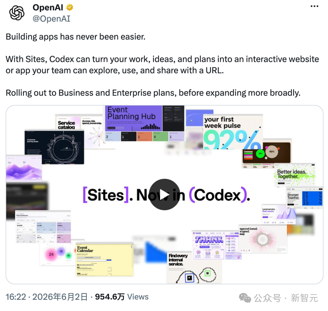 OpenAI 官方推文宣传 Sites 功能