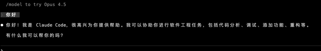 Claude Code 聊天界面，用户输入‘你好’，模型回复自我介绍
