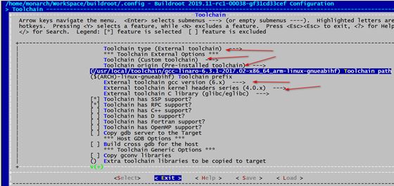 Buildroot Toolchain 配置界面,选择 External toolchain 与 Custom toolchain