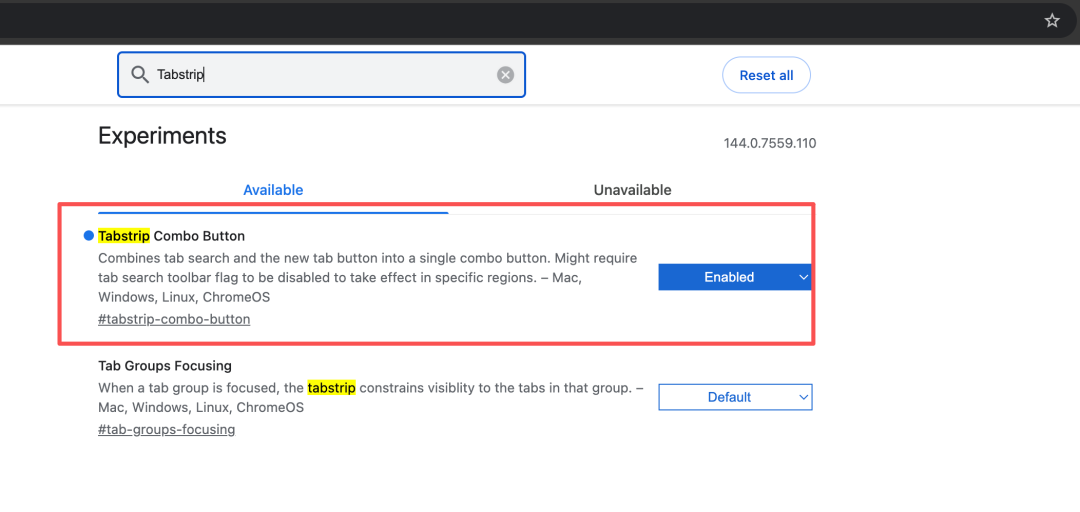 Chrome Experiments界面中启用Tabstrip Combo Button的截图