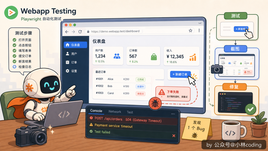 Webapp Testing Skill 插画：使用Playwright自动打开浏览器测试并修复Web应用界面Bug