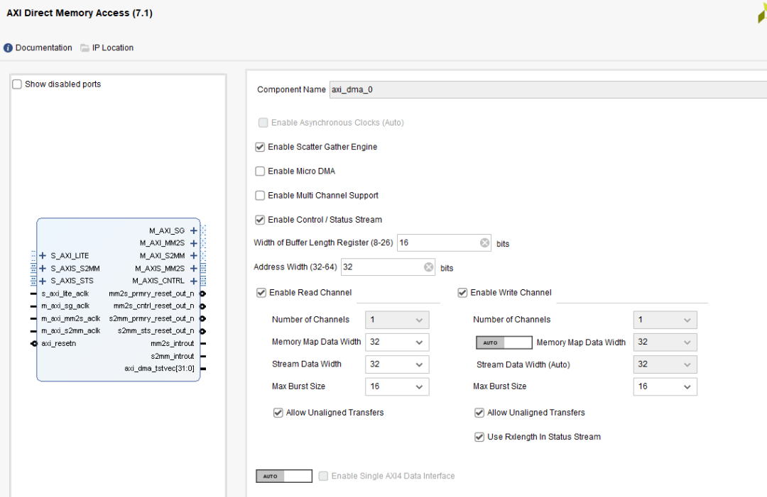AXI Direct Memory Access (DMA) 配置界面