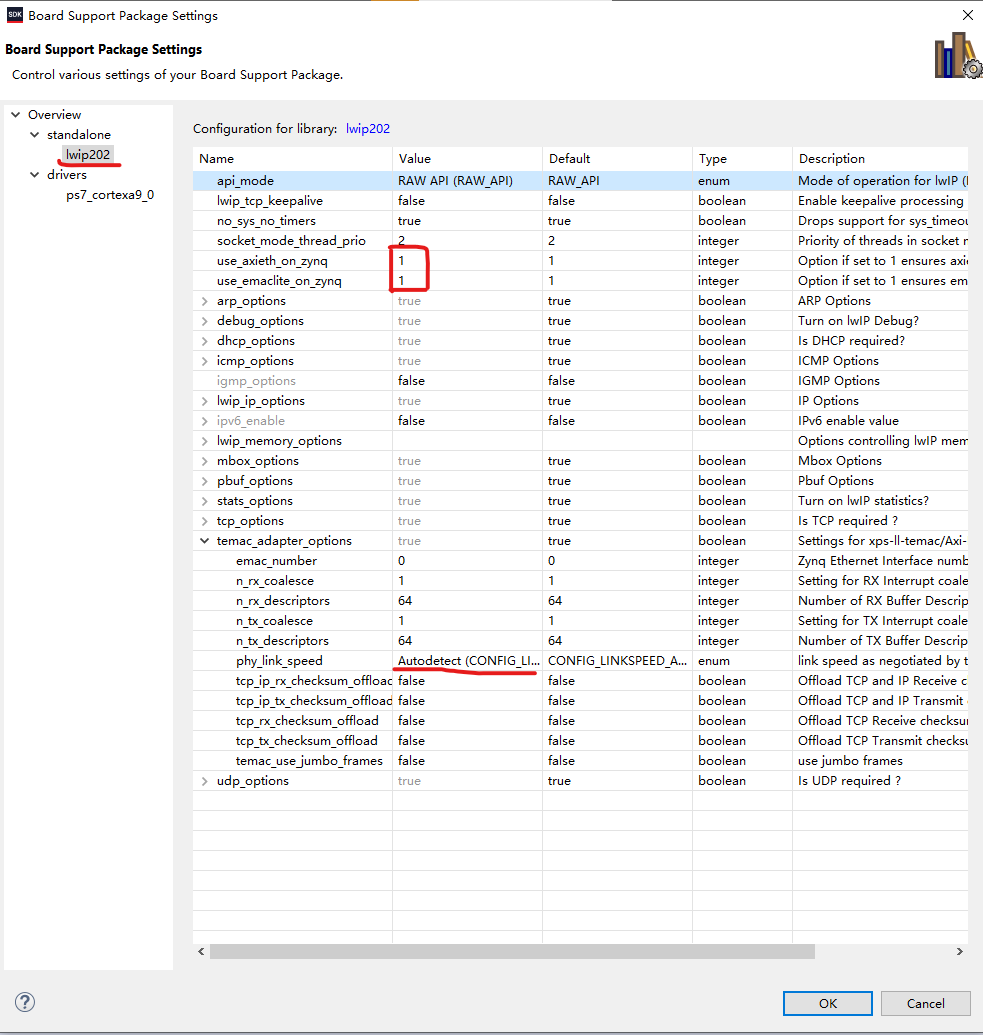 lwIP BSP 设置界面，关键参数已圈出
