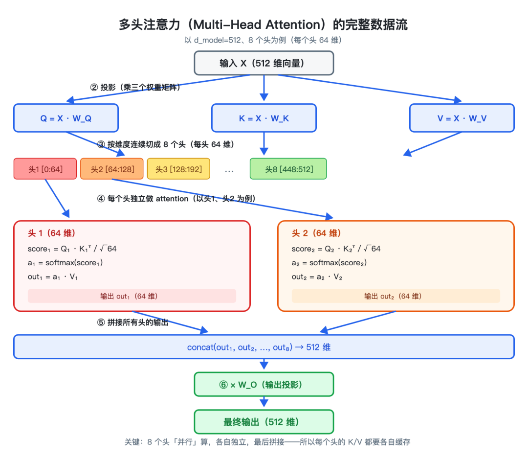 多头注意力(Multi-Head Attention)的完整数据流