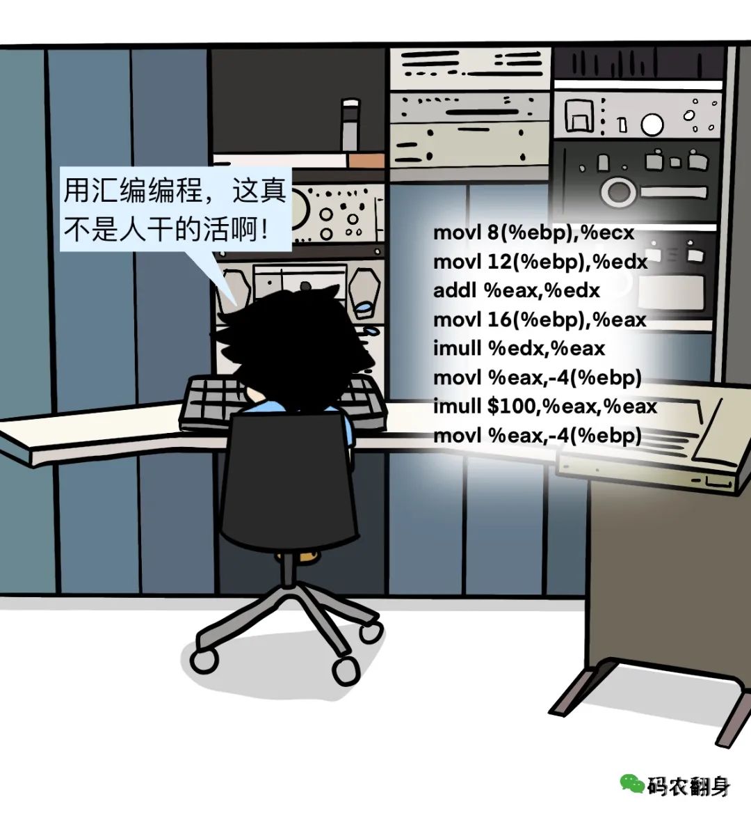 卡通黑猫抱怨用汇编语言编程