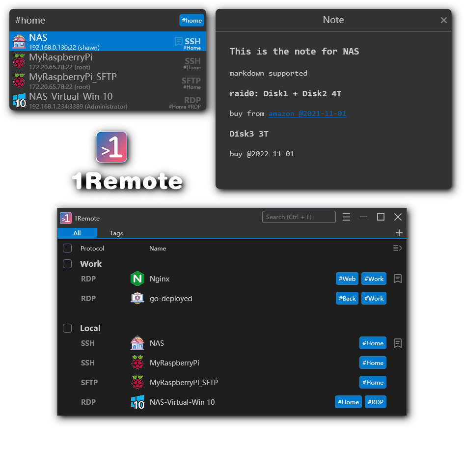 1Remote 主界面完整视图,左侧为多协议连接列表,右侧为备注面板
