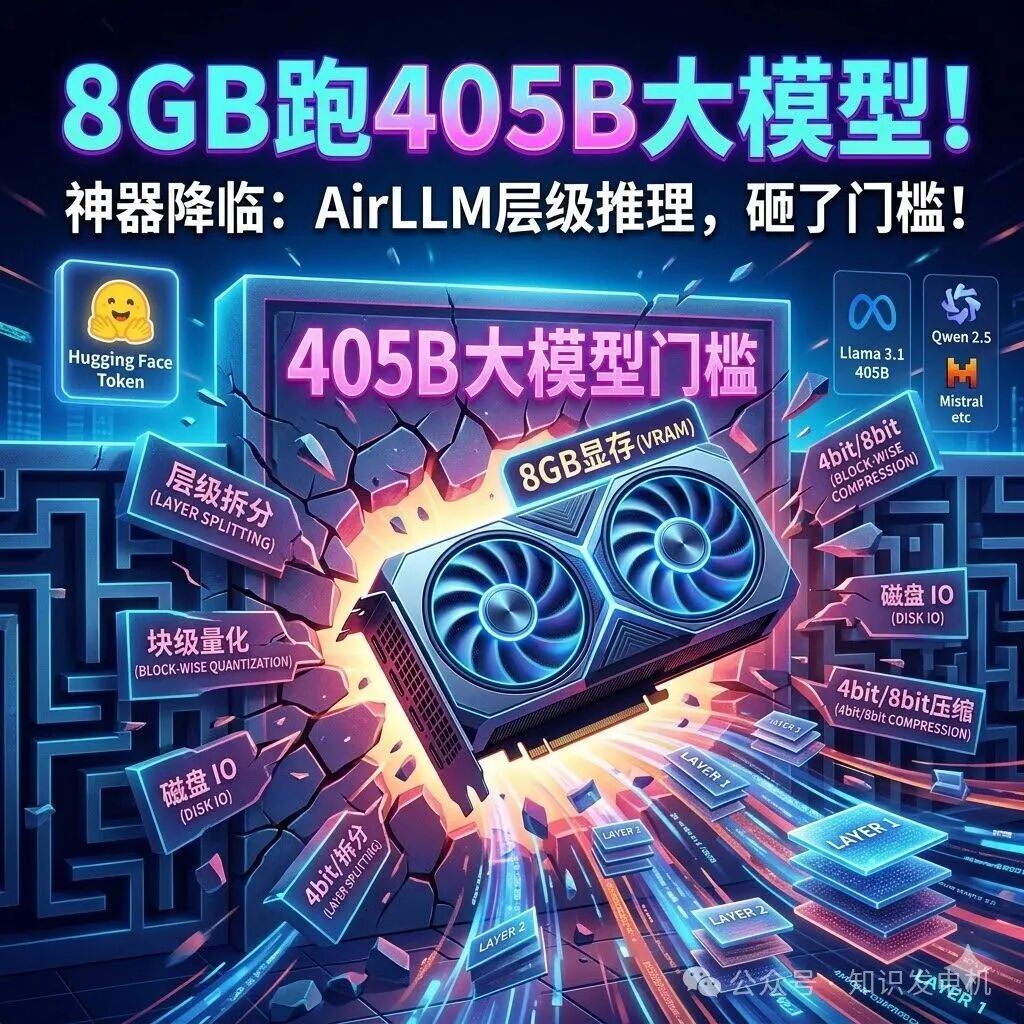 AirLLM技术原理架构图：展示8GB显存如何通过层级拆分与块级量化运行405B大模型