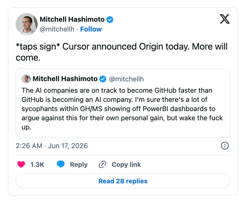 Mitchell Hashimoto转发推文及评论,提及Cursor Origin发布