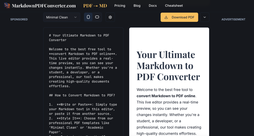 MarkdownPDFConverter.com 网站转换界面