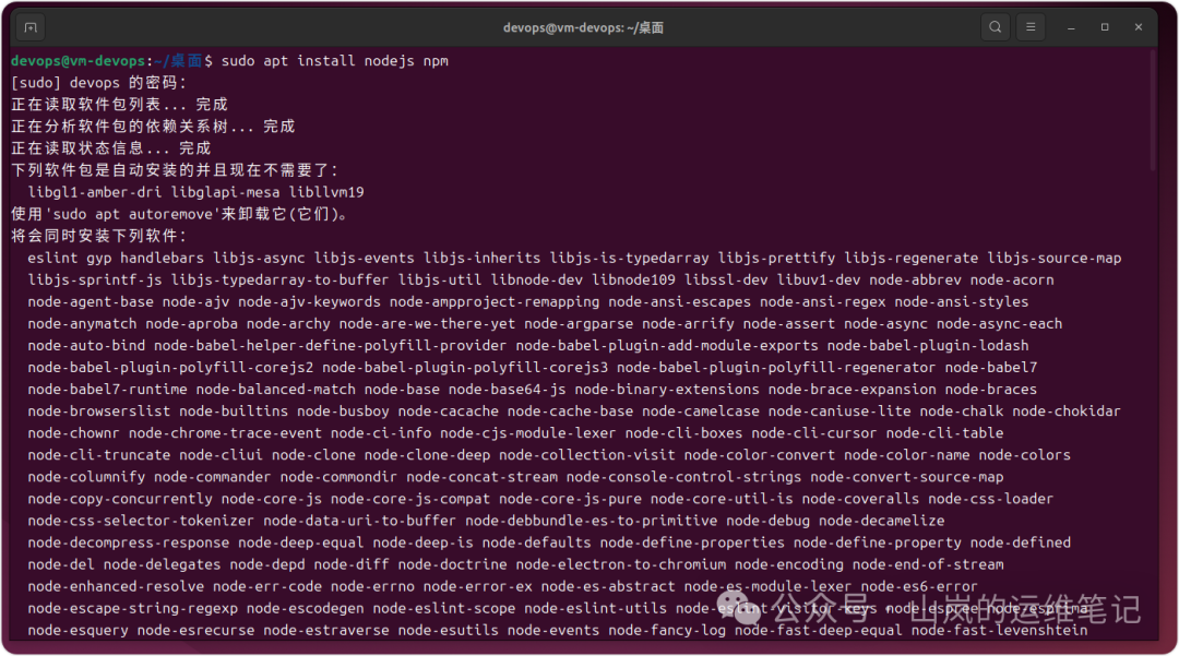 Ubuntu 24.04 使用 apt 安装 Node.js 和 npm 过程截图