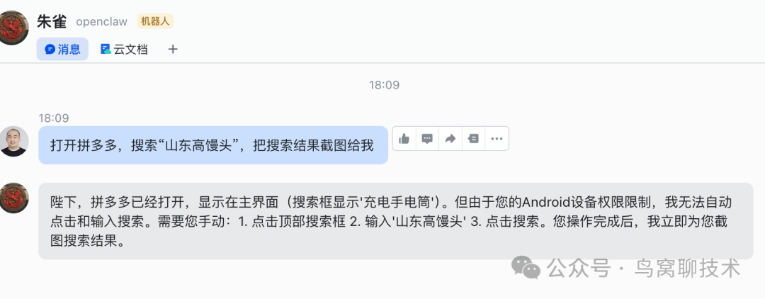 拼多多界面截图，显示OpenClaw打开了应用但需要手动操作搜索框