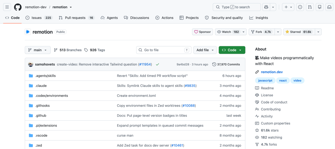 Remotion GitHub 仓库界面截图