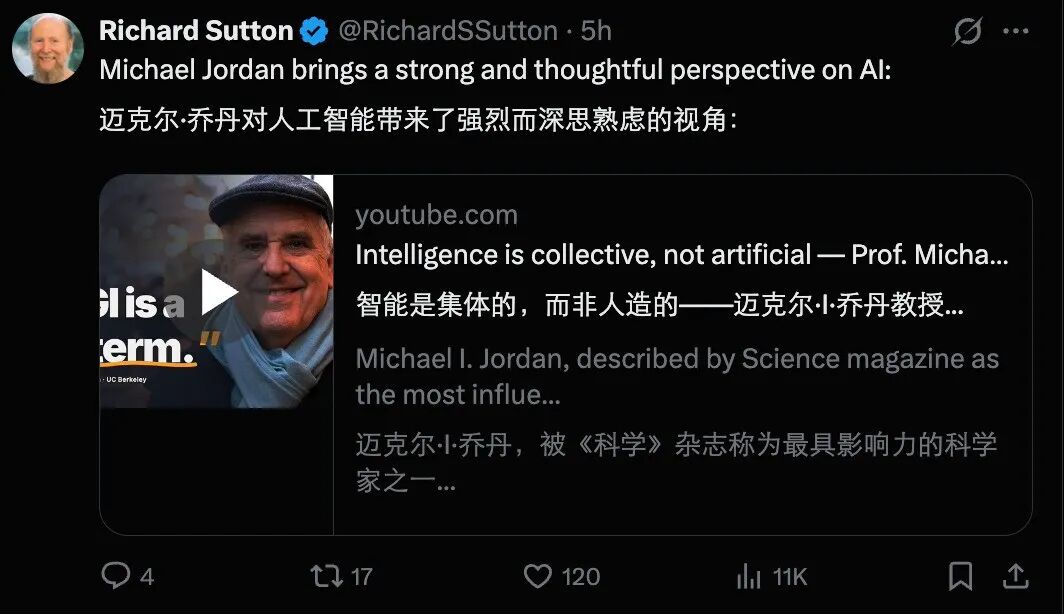 Richard Sutton推文截图，推荐Michael Jordan访谈