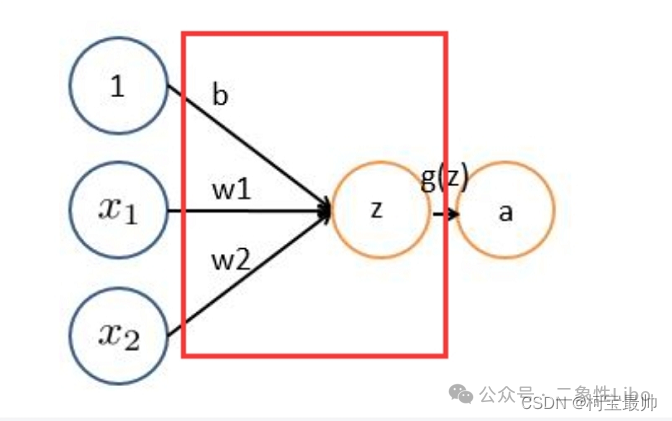 神经网络节点计算示意图：输入x1, x2与权重w1, w2及偏置b计算z，经激活函数g(z)得到输出a
