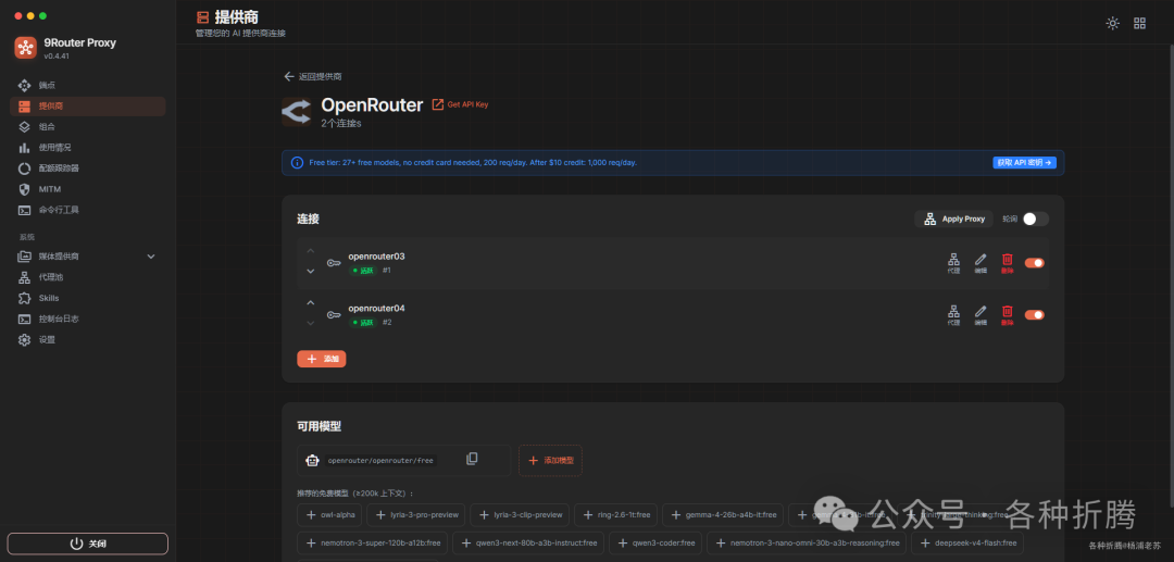 OpenRouter服务的连接详情，显示两个在线节点和可用模型列表