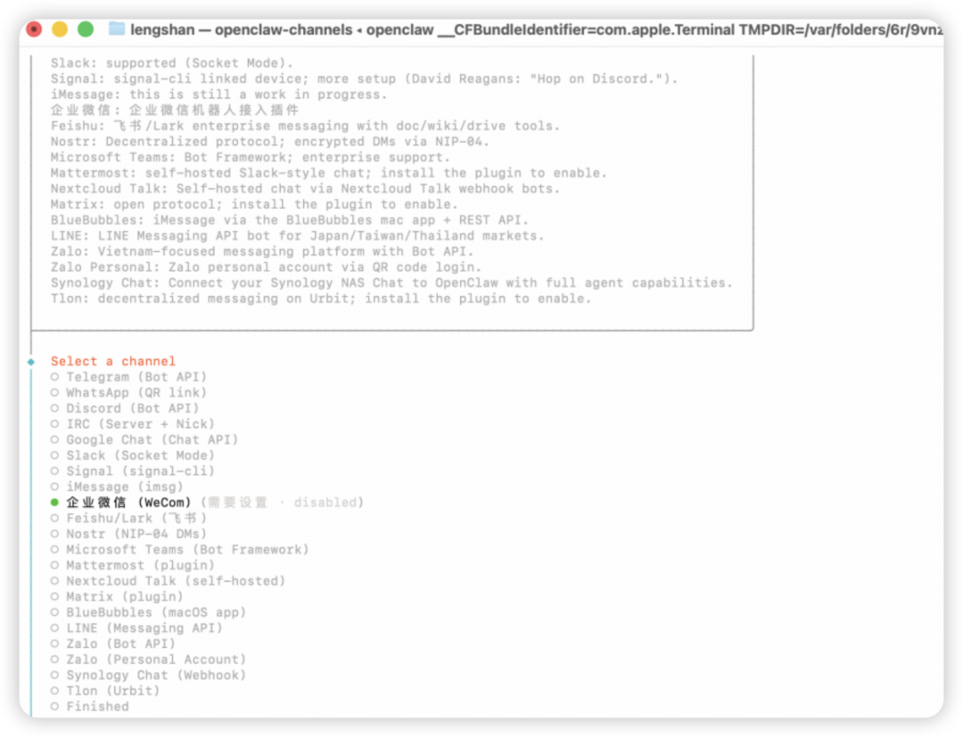 OpenClaw配置菜单选择企业微信渠道