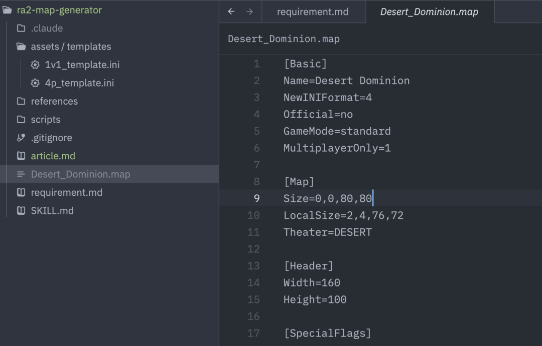 代码编辑器界面,显示地图生成器项目结构及INI文件内容