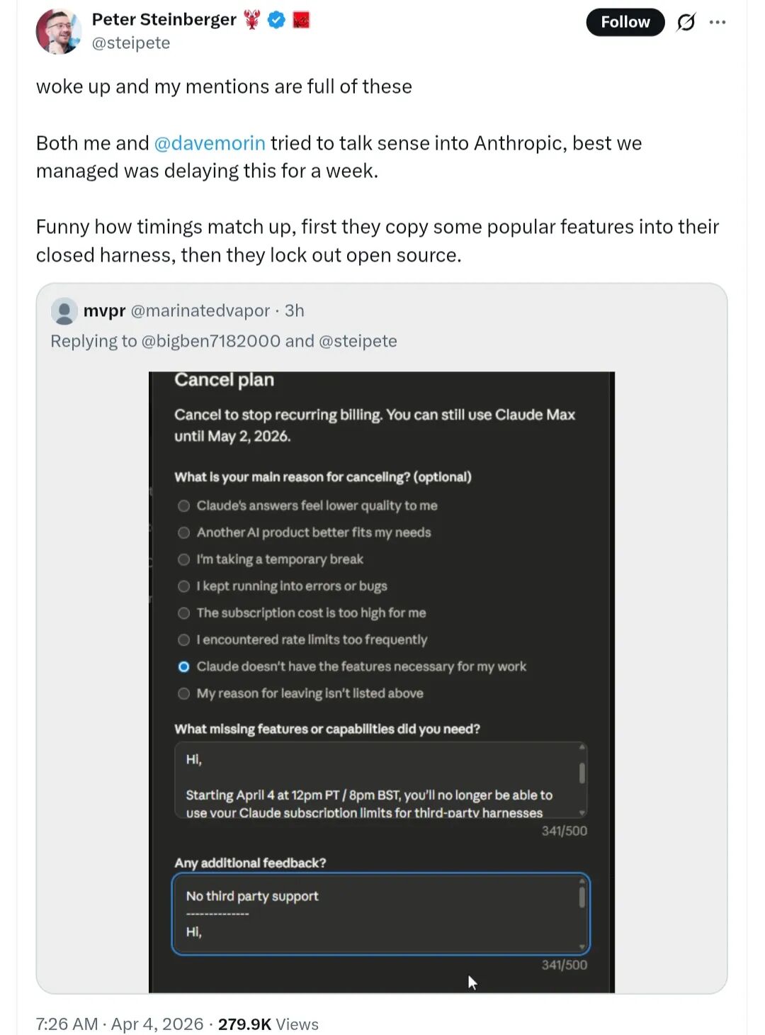 OpenClaw创始人吐槽Anthropic政策调整的推文截图