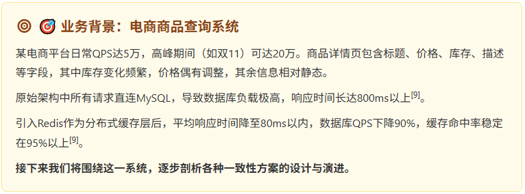 业务背景：某电商平台日常QPS达5万，高峰期间可达20万。原始架构中所有请求直连MySQL，导致数据库负载极高，响应时间长达800ms以上。引入Redis作为分布式缓存层后，平均响应时间降至80ms以内，数据库QPS下降90%，缓存命中率稳定在95%以上。接下来我们将围绕这一系统，逐步剖析各种一致性方案的设计与演进。
