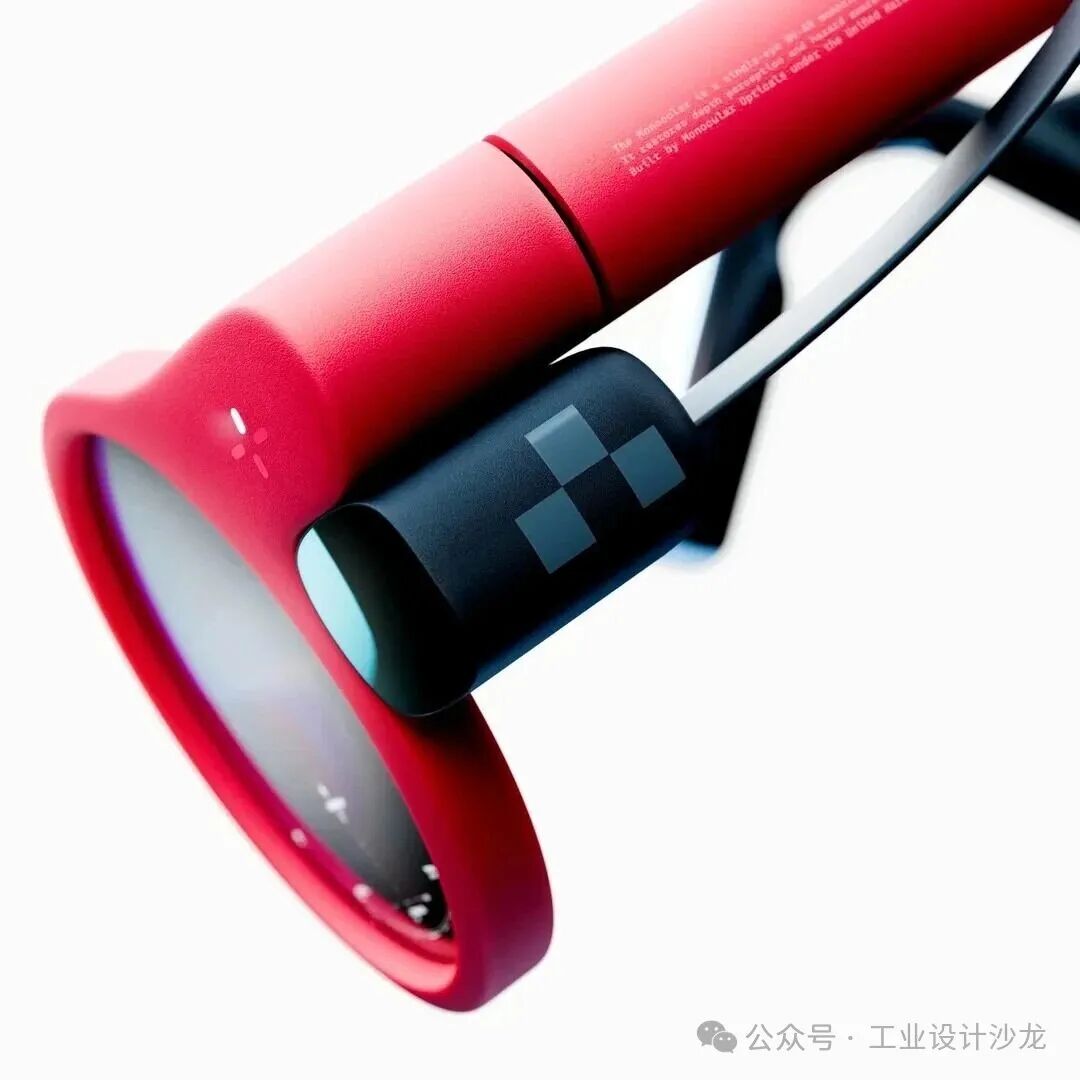 红黑配色高科技眼镜产品特写，镜框呈流线型设计
