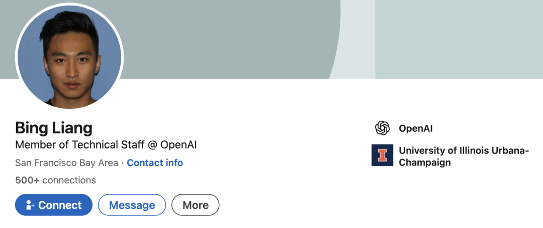 Bing Liang 的 LinkedIn 首页，显示他是 OpenAI 技术团队成员