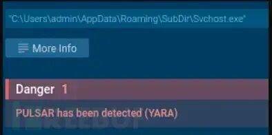 安全软件或病毒扫描工具的警告界面,显示Pulsar已被YARA规则检测到