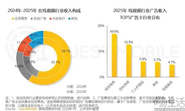2024-2025年在线视频行业收入构成与广告主分布
