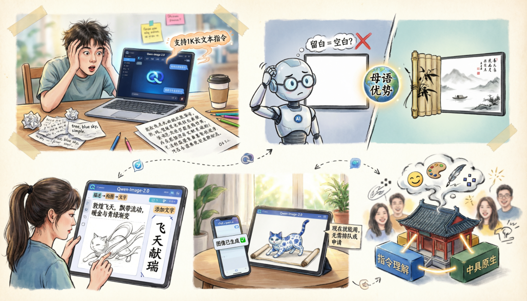 展示Qwen-Image-2.0多场景应用能力的漫画
