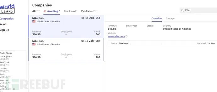 暗网泄露网站上关于耐克公司的页面截图