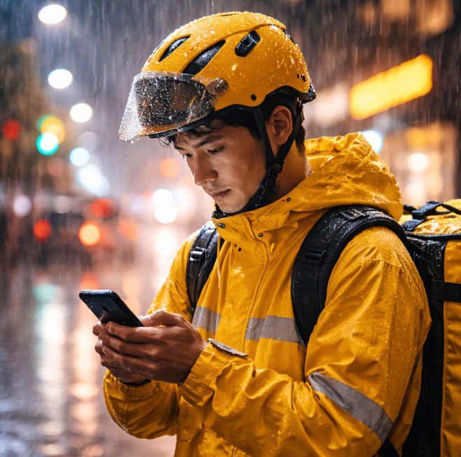 雨夜中低头看手机的外卖员