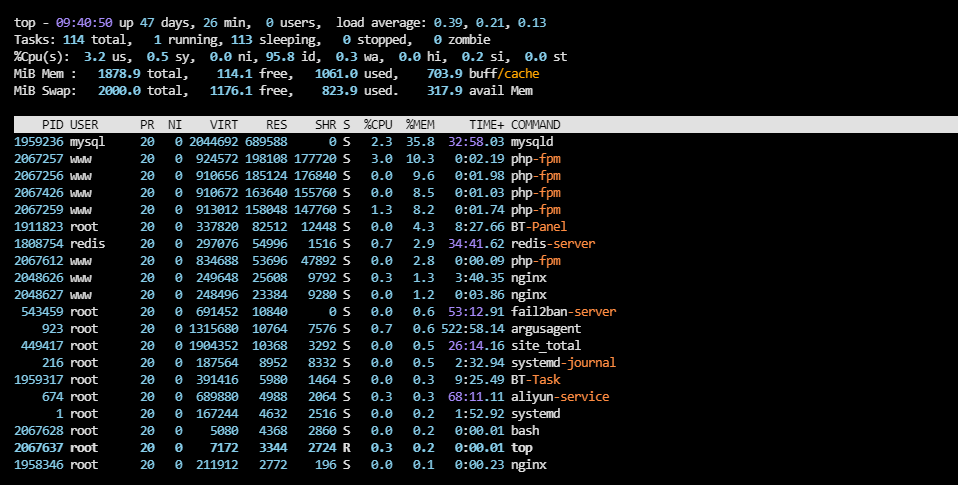 显示内存与Swap使用情况的top命令输出