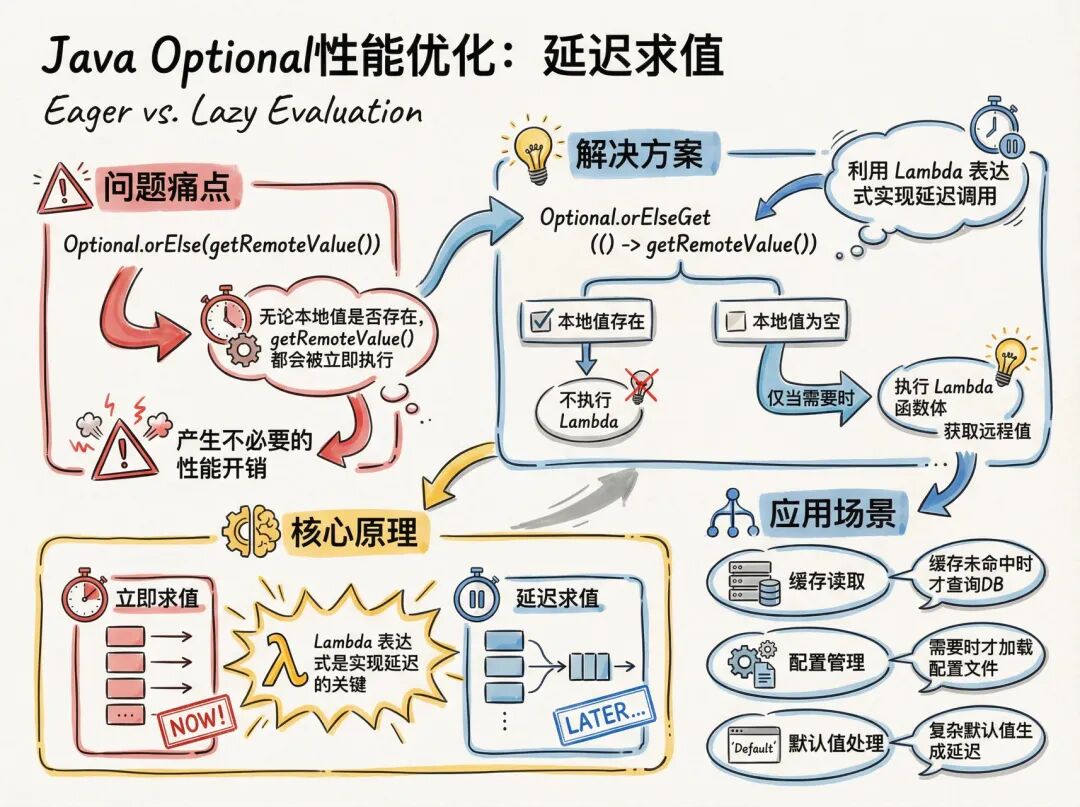 Java Optional延迟求值(Lazy Evaluation)与立即求值(Eager Evaluation)对比流程图