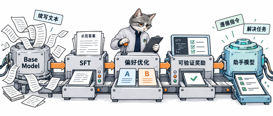 大模型后训练流程:基础模型经过SFT、偏好优化和可验证奖励逐步成为助手模型