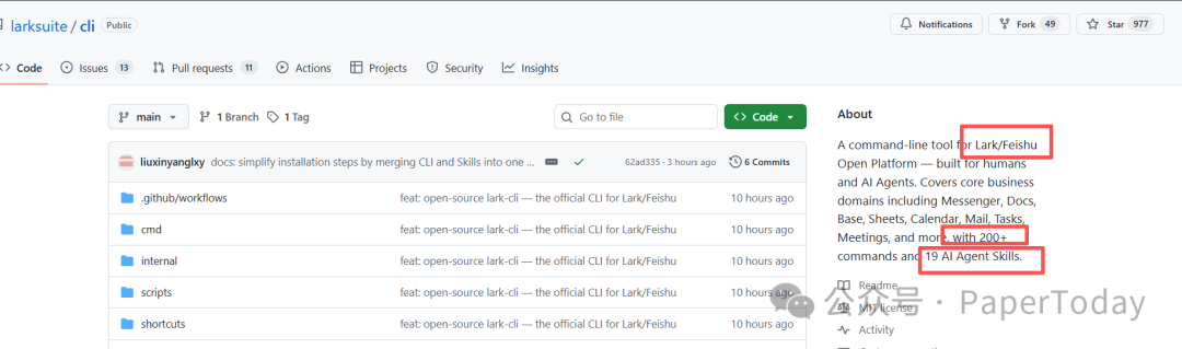 lark-cli 开源项目 GitHub 主页截图，展示了项目结构、描述和功能亮点