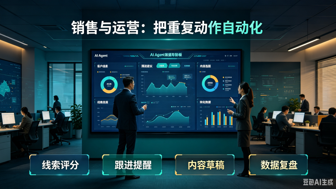 AI Agent在销售和运营中的自动化应用示意图