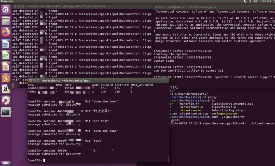OpenBTS控制台发送短信命令执行界面