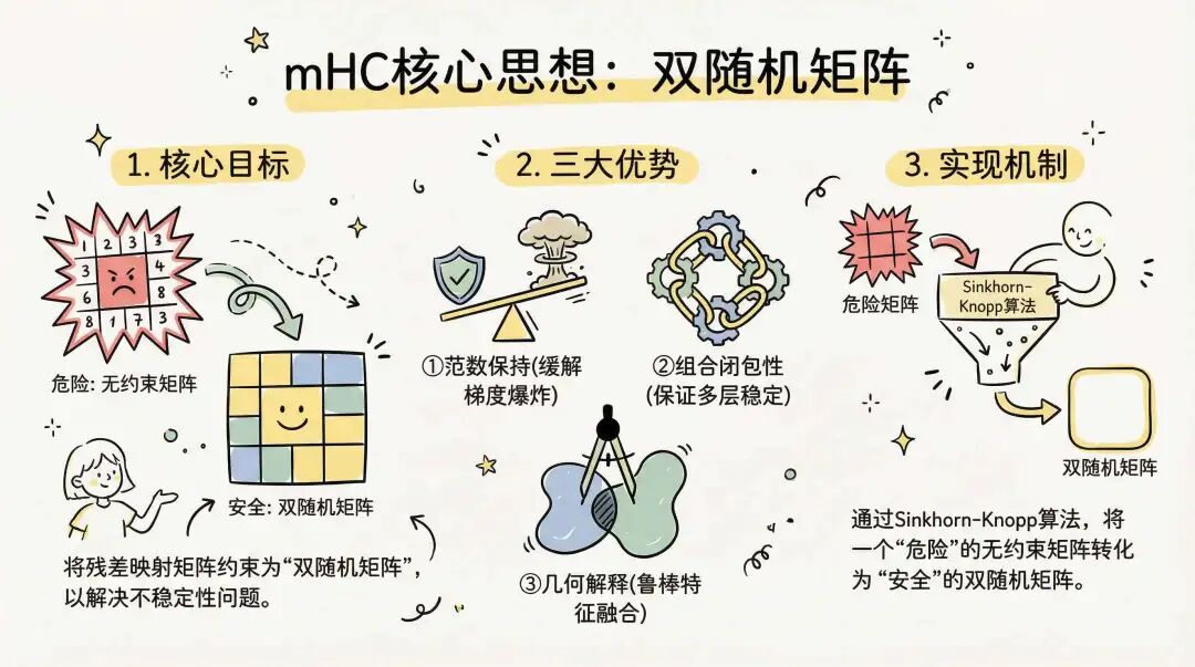 mHC核心思想：将无约束矩阵转化为双随机矩阵