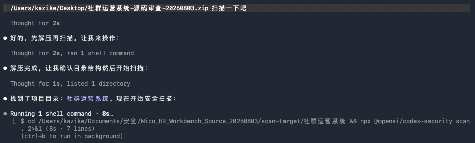 使用 Codex Security 扫描项目目录的命令