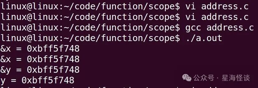 Linux终端执行 address.c:vi 编辑、gcc 编译、./a.out 输出 &x 和 &y 地址
