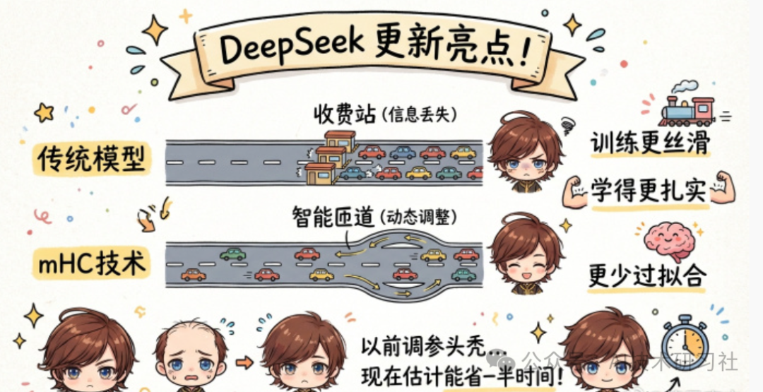 mHC技术与传统模型信息传递方式对比示意图