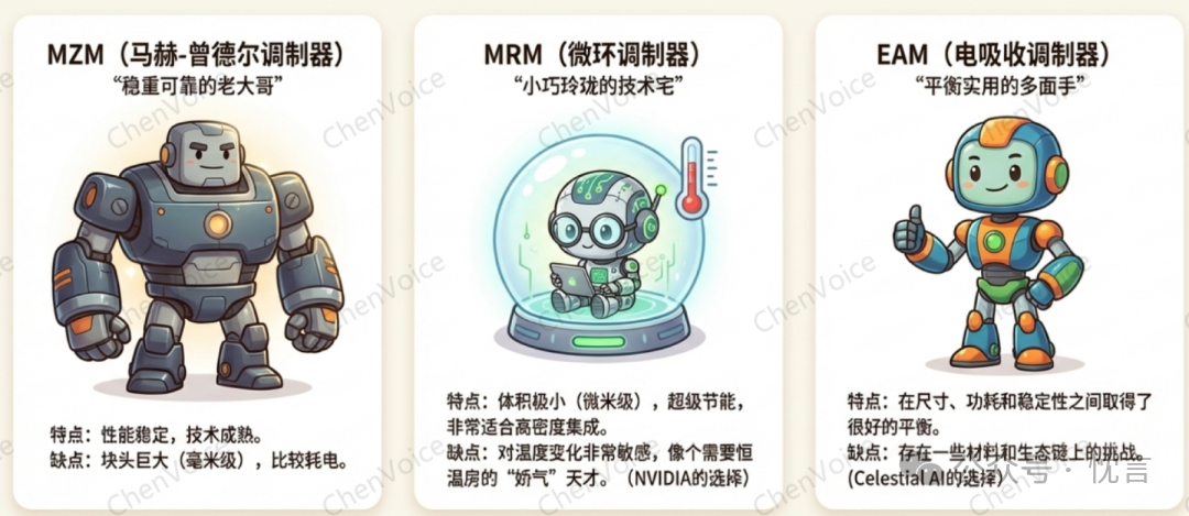 三种AI调制器（MzM， MRM， EAM）卡通风格形象与特点对比图