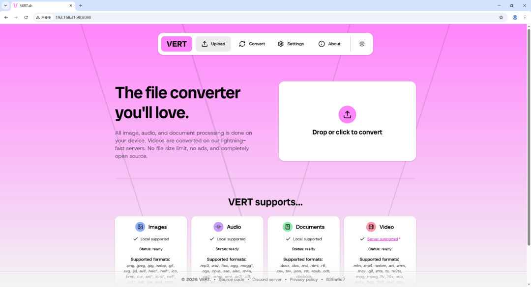 VERT 主界面，带有上传区域