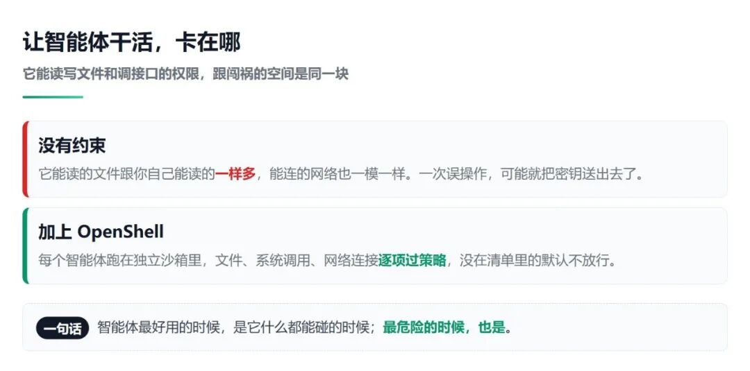 OpenShell 智能体安全风险说明:没有约束与沙箱策略对比