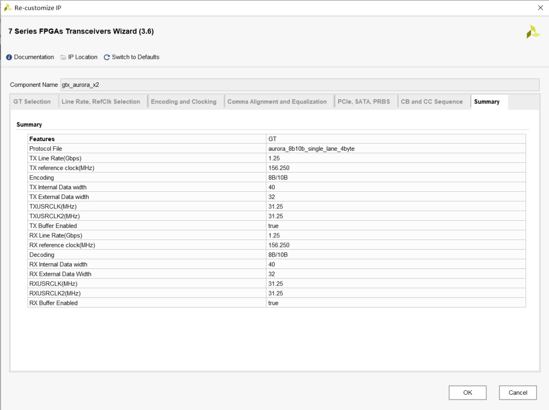 配置摘要页：协议aurora_8b10b_single_lane_4byte，TX/RX线速率1.25 Gbps，参考时钟156.25 MHz，缓冲已启用
