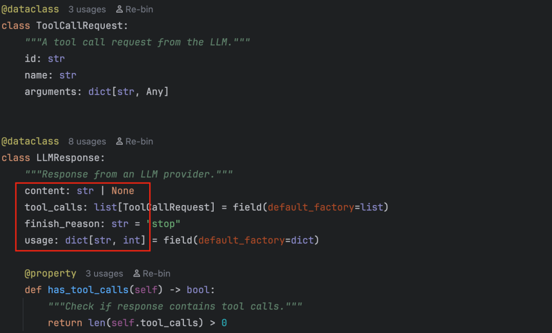 LLMResponse数据类定义，包含content、tool_calls等关键字段